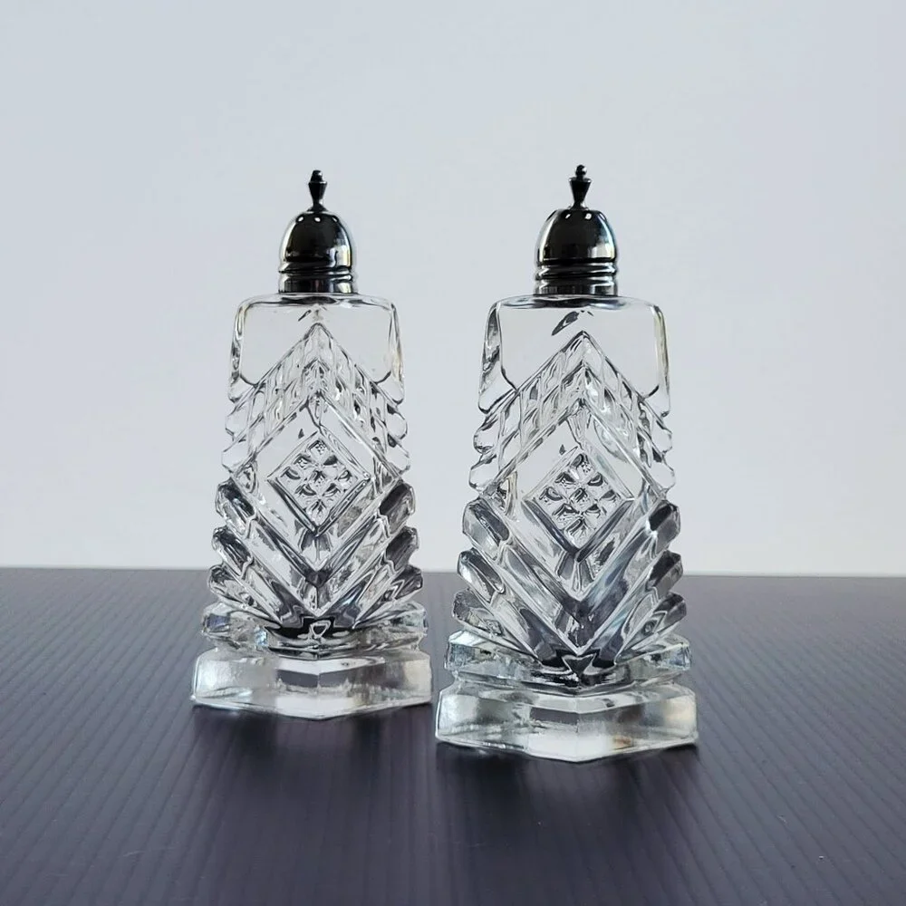 Vintage Art Deco Cut Crystal Salt & Pepper Shakers & Metal Lids, Made in Japan